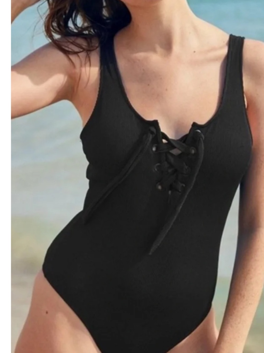 aerie Black grommet front Lace-Up One-Piece Swimsuit medium long NWT
